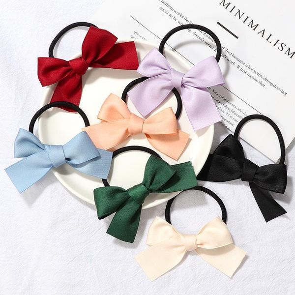

hair accessories color bow bands girl satin ribbon headband elastic rubber ring children tie ponytail accessories1, Slivery;white