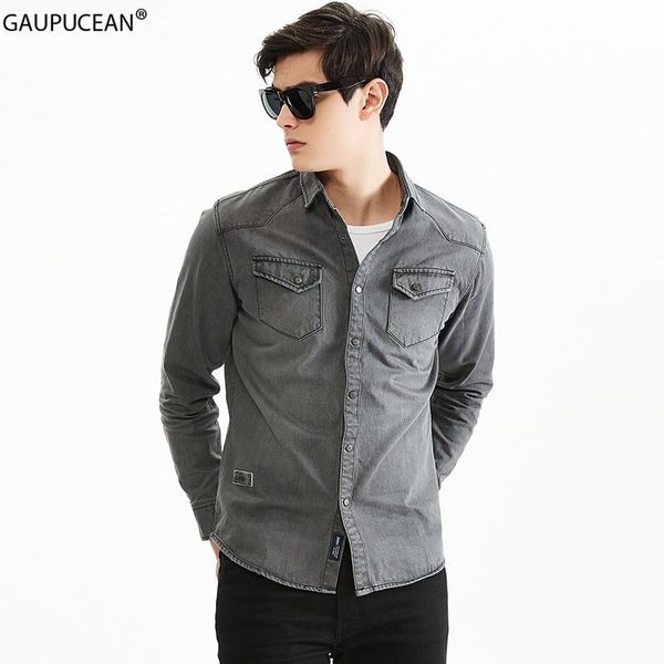 

100% cotton man denim shirt quality thick spring long sleeve male retro vintage pocket grey blue men jean casual cowboy shirts, White;black