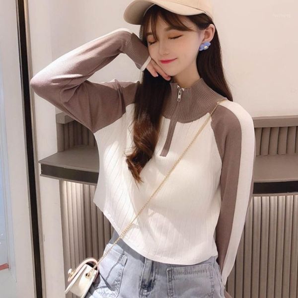 

autumnturtleneck sweater zipped knitted pullover patchwork slim soft jumper sweaters women knit 1, White;black