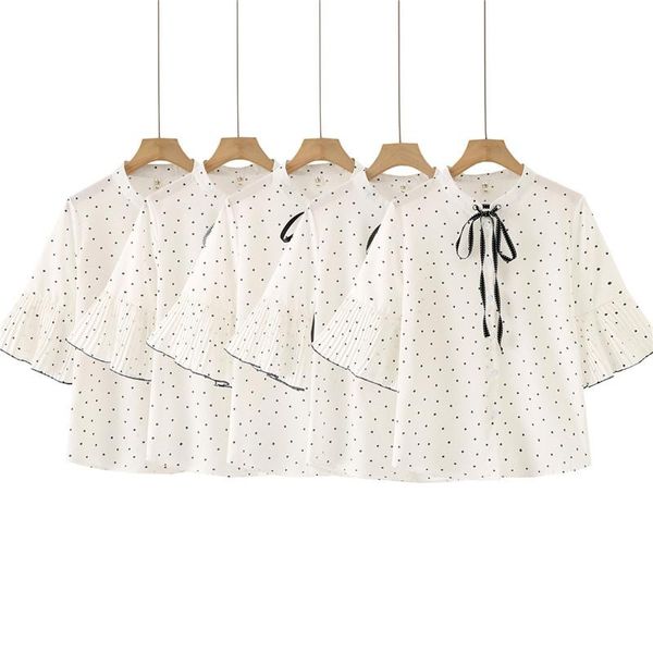 

women blouse shirts 2021 summer wave point leisure series flare sleeve stand collar formal wear lady xiaoqingxin blouses, White