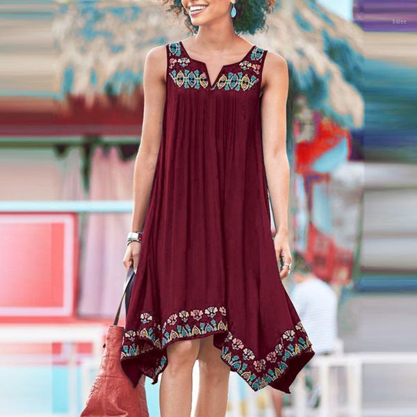 

summer women girl summer print dresses casual v neck sleeveless knee length dresses1, Black;gray