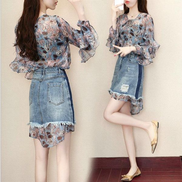

fashion women new chiffon skirt large size 4xl long sleeve blouses and blue skirts casual clothing suits summer 2pcs1, White