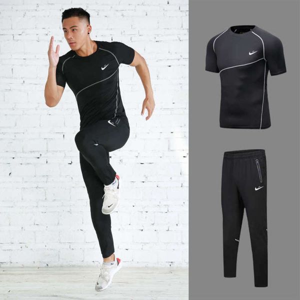 

piece men's two summer high fitness elastic speed dry tights running basketball suit, Gray