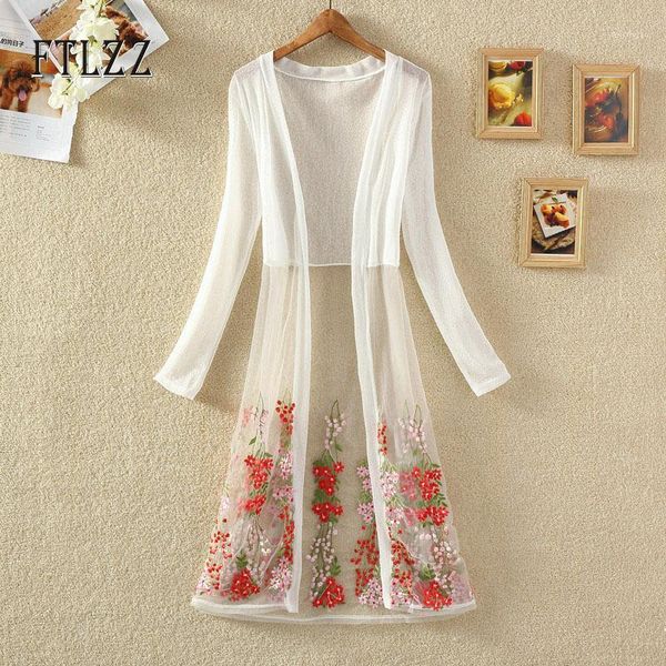 

summer medium long jacket fashion women thin outwear new 2020 female long sleeve vintage floral embroidery lace jackets1, Black;brown
