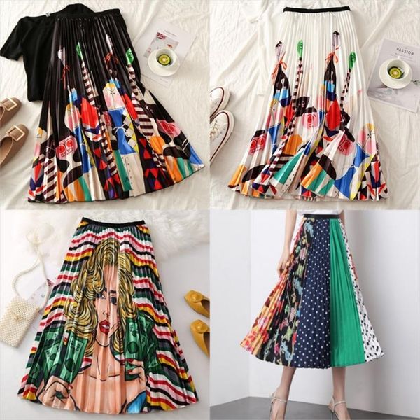

waist falda size plus black casual high white femmes vetements elastic cartoon print summer women pleated skirt efcmg