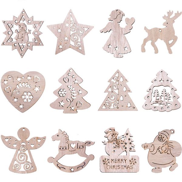 

5pcs vintage wooden pendants diy wood crafts xmas tree ornaments christmas party decorations kids gift