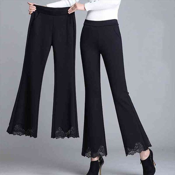 

womens pants bell-bottom pants lace womens korean-style stretch slimming mom black cropped trousers, Black;white