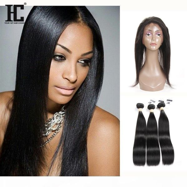

hc brazilian bundles with closure hair straight weave 8a hair pre plucked 360 frontal with bundles ear to ear 360 lace frontal closure, Black;brown
