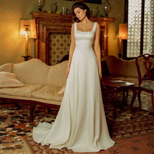 

2021 vestidos simple satin wedding dresses a-line bridal gowns square collar open back beach wedding party dress for women, White