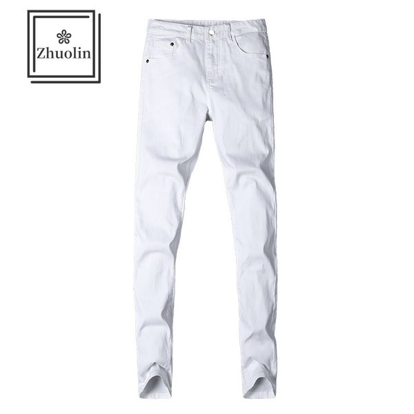 

zhuolin winter new white jeans men's self-cultivation youth korean version of the trend of elastic feet black casual pants q0105, Black;white