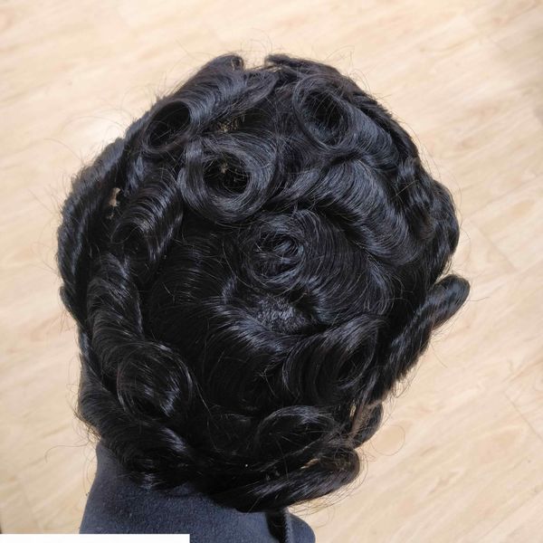 

natural and durable color 1b fine mono lace with polyskin in perimeter men human hair toupee, Black
