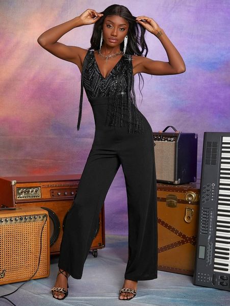 

fringe trim v back sequins jumpsuit k788#, White