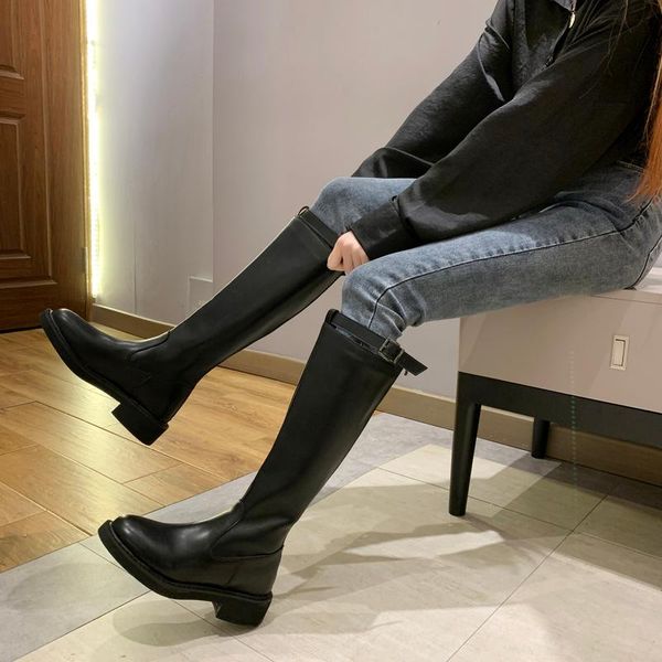 

black knee high boots women metal buckle knight motorcycle boots pu leather winter long women shoes 2020 zapatos mujer
