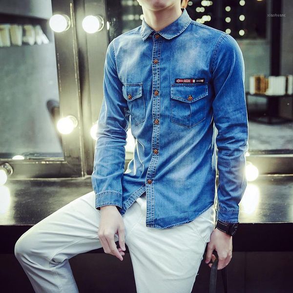 

2020 men's spring and autumn washed pleated double pockets single-breasted denim shirt slim long sleeve men clothing xxxxl1, White;black