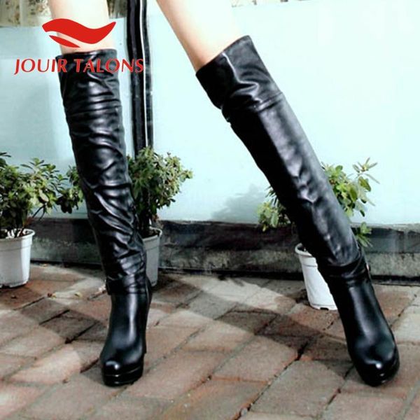 

jouir talons ladies fashion shoes pleated round toe platform spike heels zip autumn knee boots, Black