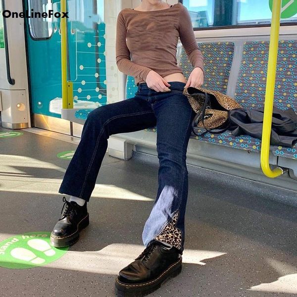 

onelinefox patchwork leopard high waist jeans pants women casual blue denim long trousers ladies fashion streetwear joggers 2020, Black;white