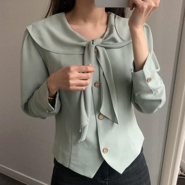 

2021 new female shirts in the solid fashion peter pan collar unique bow breasted mangoes shirt lady office clothes spring aekg, White