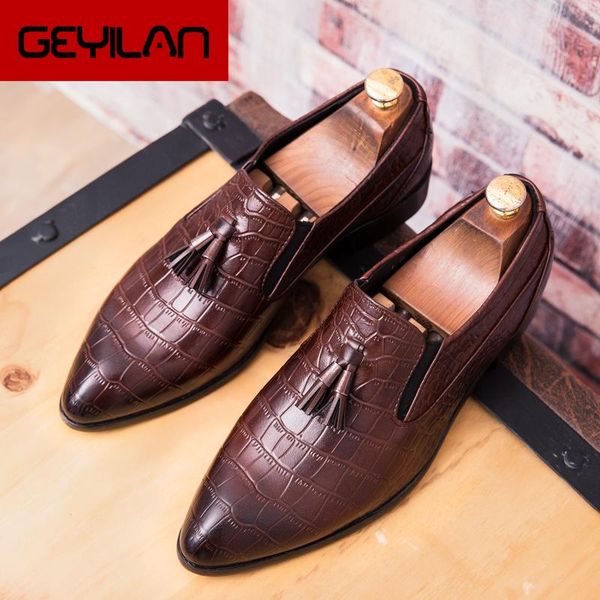 

2020 new pointed toe slip-on men casual shoes formal business suit dress shoes loafers party wedding tassel footwear, Black