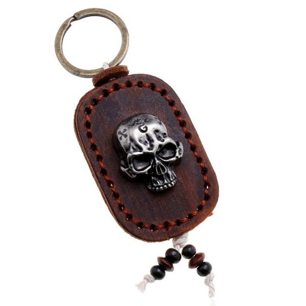 

gothic skull punk hiphop alloy keyring key chain black brown genuine leather car keychains bag accessories fashion rock jewelry, Silver