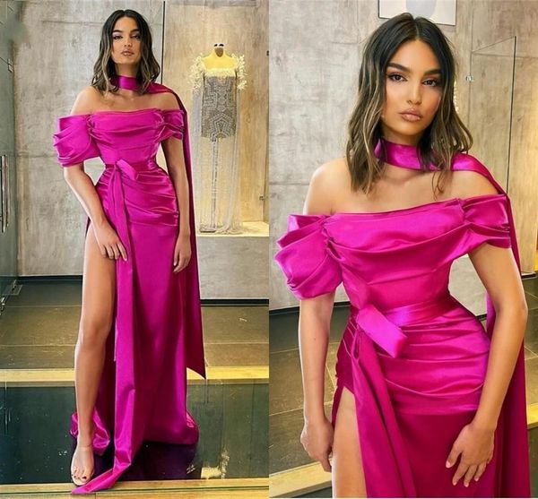 

setwell off the shoulder mermaid evening dresses short sleeves floor length high split pleated prom party gowns, Black;red