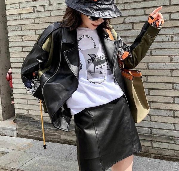 

2021 winter lambskin fall female leather jacket floral designer shredded printing jackets streetwear outwear y9rg, Black