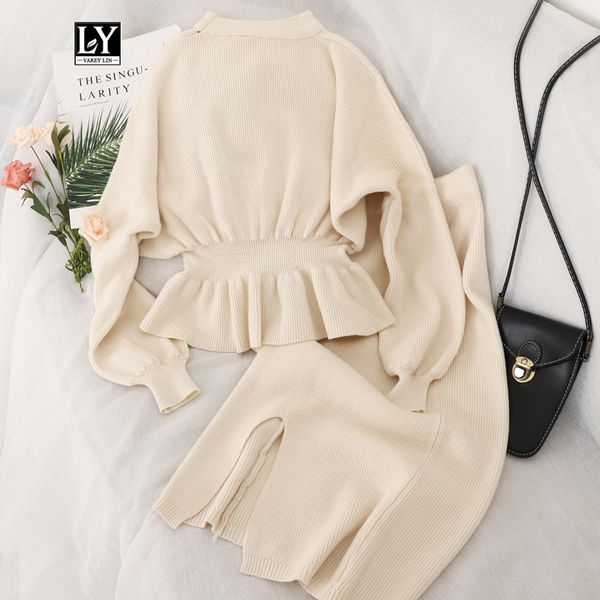 

ly varey lin women knitted suits autumn winter batwing sleeve 2 pieces set office lady elegant jumper + pencil skirt suit set 201130, White