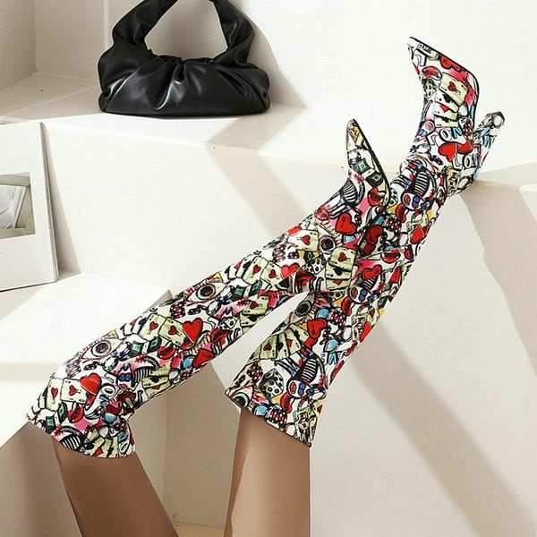 

boots brand women fashion flower print over the knee ladies pointed toe thick heel autumn winter woman, Black