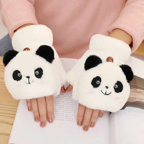 

female accessories touch screen cashmere cartoon panda half finger flip driving warm cold protection gloves e21, Blue;gray