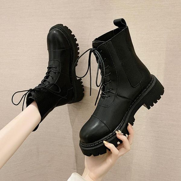 

езда boots рок обувь женщина плоский каблук ботильоны женские сапоги-женщин роскошная круглый toe lace up black лолита осень мед