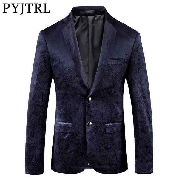 

pyjtrl male retro vintage navy blue floral print casual velvet blazer homme design casacas men coat slim fit suit jacket lj201103, White;black