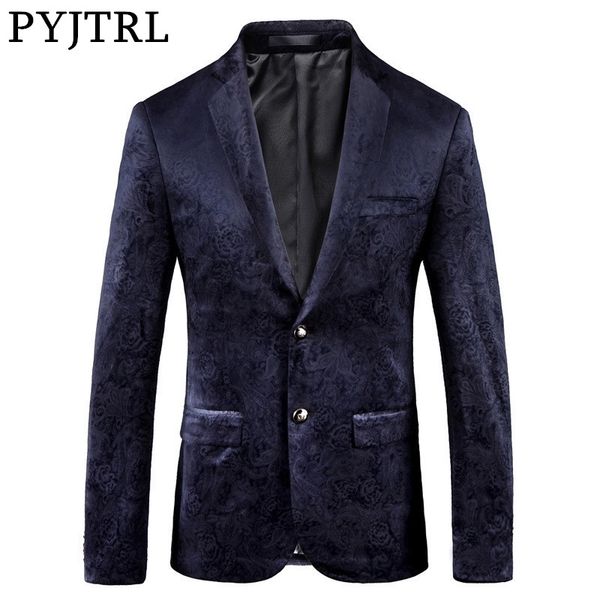 PYJTRL Maschio Retro Vintage Blu Navy Stampa floreale Casual Velvet Blazer Homme Design Casacas Uomo Cappotto Slim Fit Giacca LJ201103