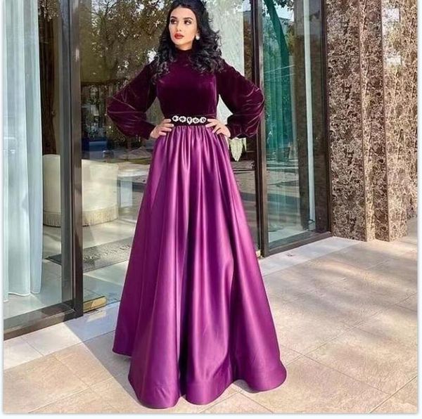 

saudi arabia velvet prom dresses muslim middle east beaded long sleeve floor elegant formal evening gowns vestidos de fiesta, Black