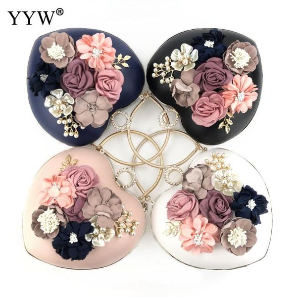 

female women heart shape pattern evening bag with flower black beige evening clutch with handle and chain cross-body purse