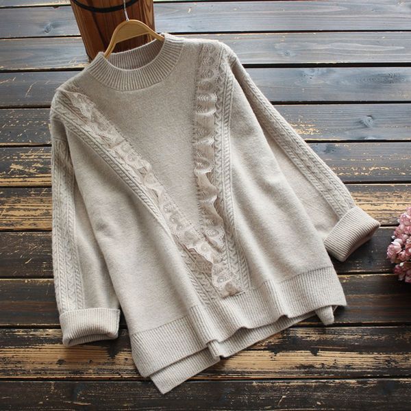 

8172 new autumn women's wear korean commuter pullover sweaterlace sweaterlace trim crew neck knit pullover solid color sweater and swea, White;black