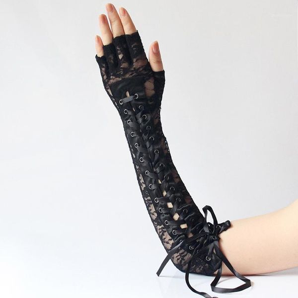 Fünf Finger Handschuhe 2021 Sexy Lange Schwarze Frauen Damen Fetisch Schnürung Clubwear Cosplay Kostüme1