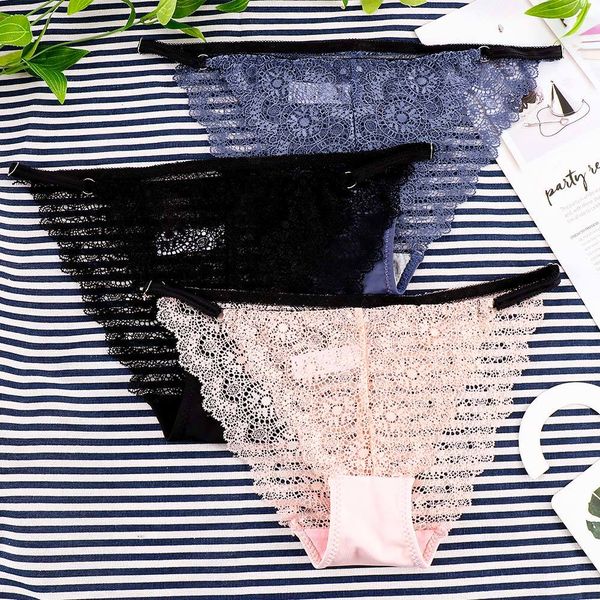 

1 pcs lace panties women's low-waist under transparent underwear adjustable ribbon briefs, Black;white