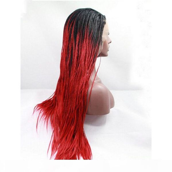 

synthetic braiding hair red ombre lace wig with baby hairs glueless box braided synthetic lace front wigs colored red for women, Black;brown
