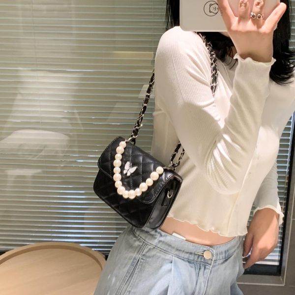 

youth ladies simple versatile bag fashion lattice pattern pearl crossbody bag women butterfly pu shoulder handbag