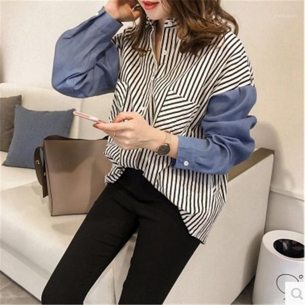 

striped denim patchwork women shirt long sleeve autumn loose casual plus size blouse shirts pocket fashion streetwear female, White