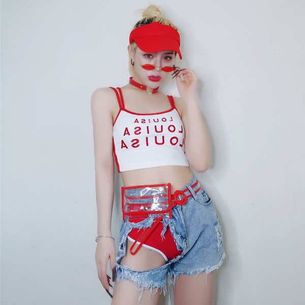 

new bar ds performance costumes singer nightclub clothes gogo letter sling hip hop jazz dance hole denim shorts suit, Black;red