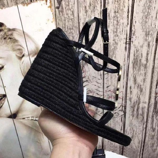 

spring wedge sandals classics brand slippers summer flat sandals fashion leather beach shoes 02, Black