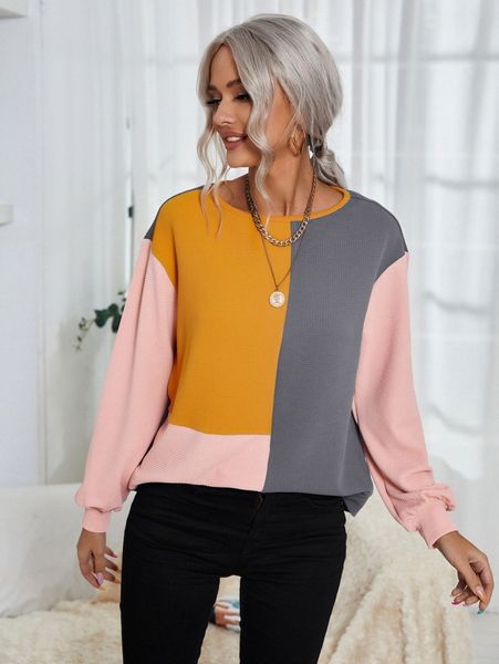 

drop shoulder colorblock pullover r7mv#, White;black