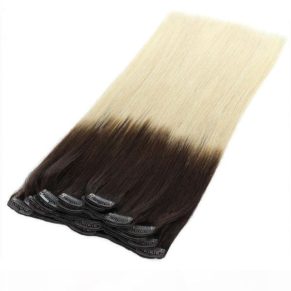 

14''-26'' double drawn 150g 8pcs ombre color 4 613 full head clip in human hair extension, Black