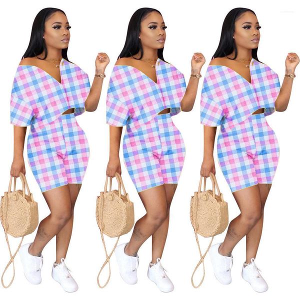 

fashion women 2pcs shorts suits summer womens designer suits plaid printed v neck shorts sleeve, Gray