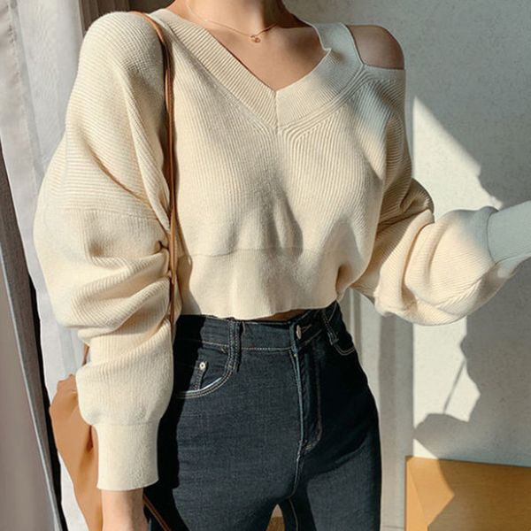 

fall 2020 crop sweater kawaii cute sweaters knitted sweater women winter clothes women off shoulder pullover sweater, White;black