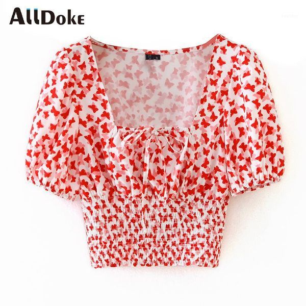 

alldoke red floral print blouse women summer square collar puff sleeve crop shirt chiffon lace up ladies blouses blusas1, White
