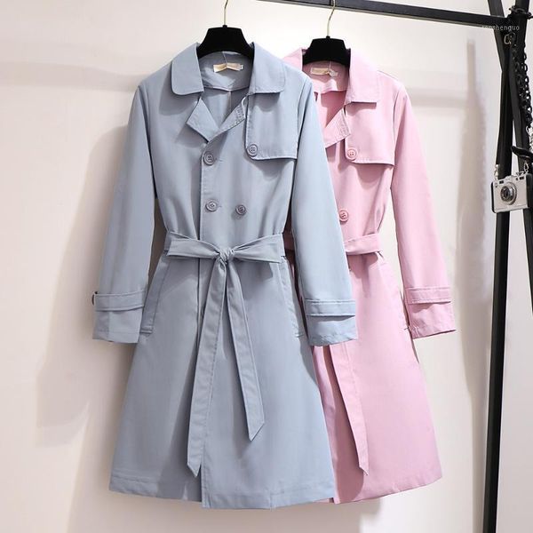 

xxl ~ 6xl plus size women cotton long trench coat with belt 2020 korean women's double-breasted long windbreaker blue pink b6911, Tan;black