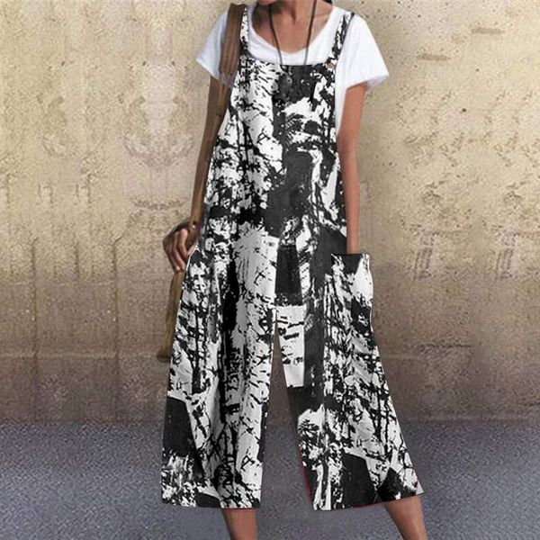 

2020 women printed rompers vintage jumpsuit female casual loose wide leg pants long beach geometric overalls plus size, Black;white