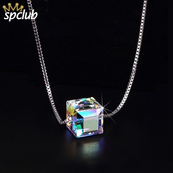 

pendant necklaces crystal from cube necklace for women silver color box chain dazzling small simple collier femme