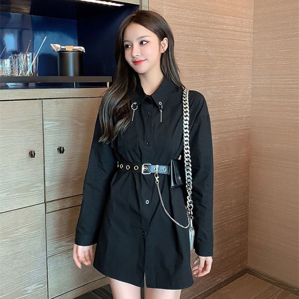 

6662 with belt shirt bag autumn 2020 korean version of lapel long sleeve loose design loose shirt women sgjpp, Black;gray